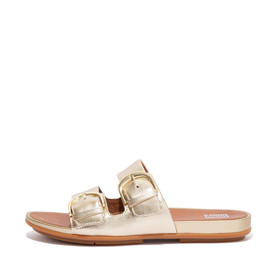 Fitflop Buckle Metallic Leather Slides Platino