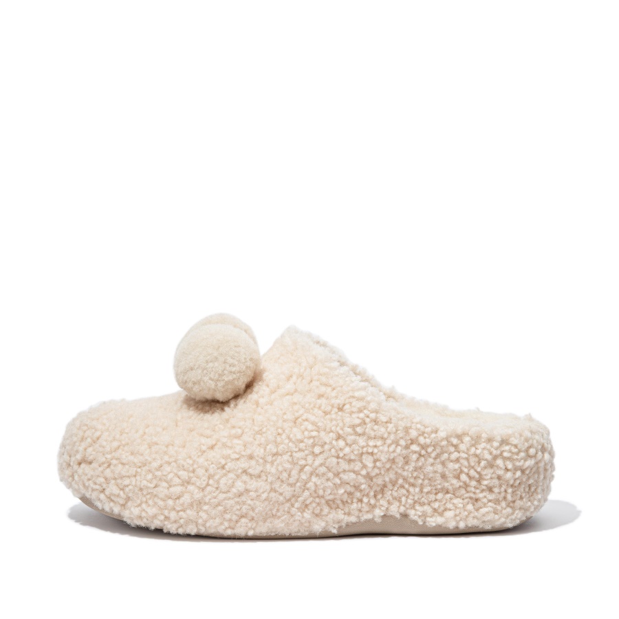 Fitflop Pom-Pom Shearling Clog Slippers Ivory