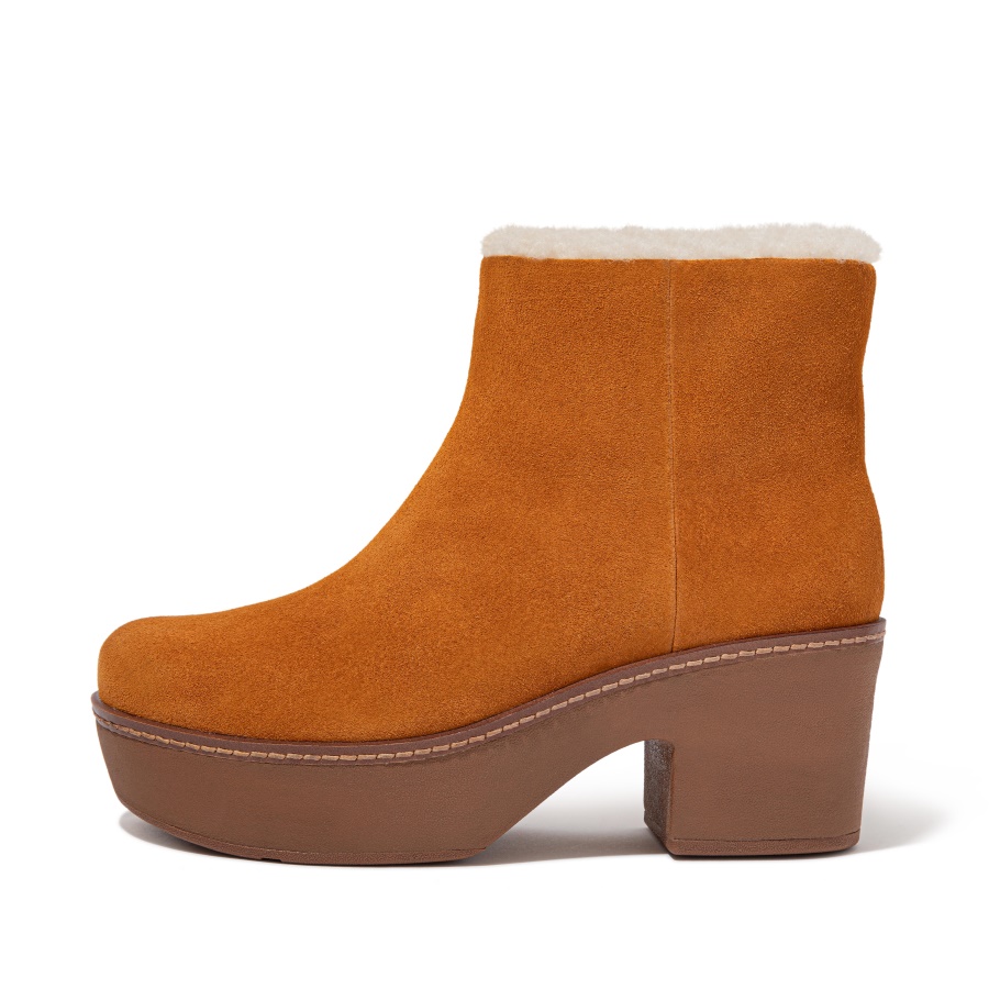 Fitflop Shearling-Lined Suede Platform Ankle Boots Light Tan