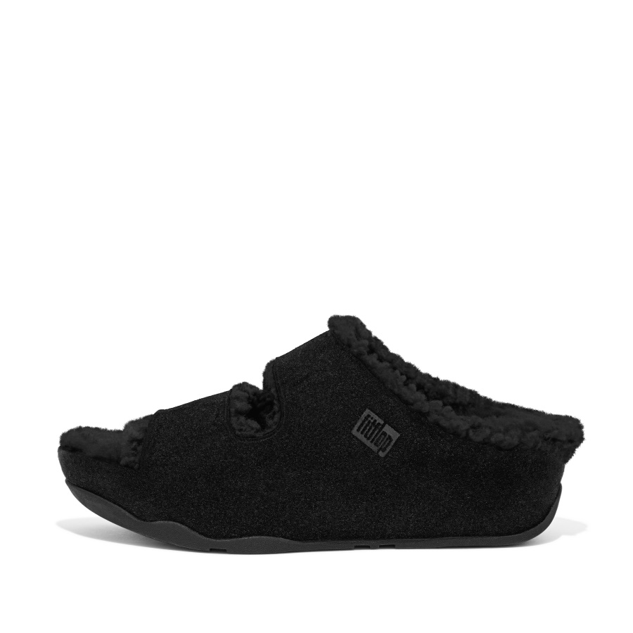 Fitflop Two-Bar Shearling-Lined Suede Slides All Black